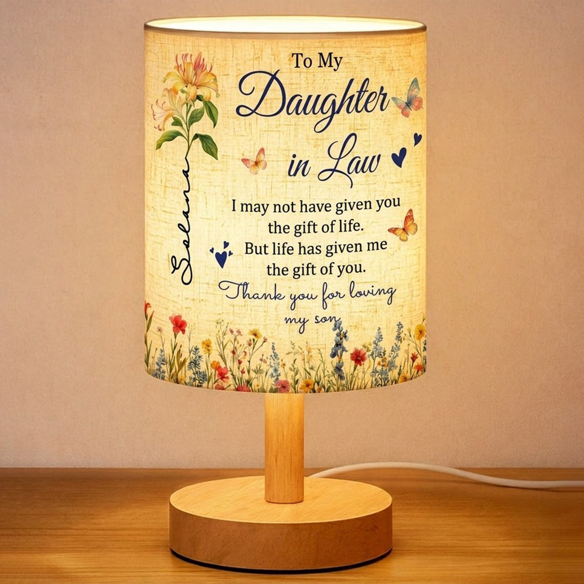 Personalized Love and Gratitude Butterfly Birth Flower Table Lamp with Name Home Decor Anniversary Birthday Gift for Daughter-In-Law
