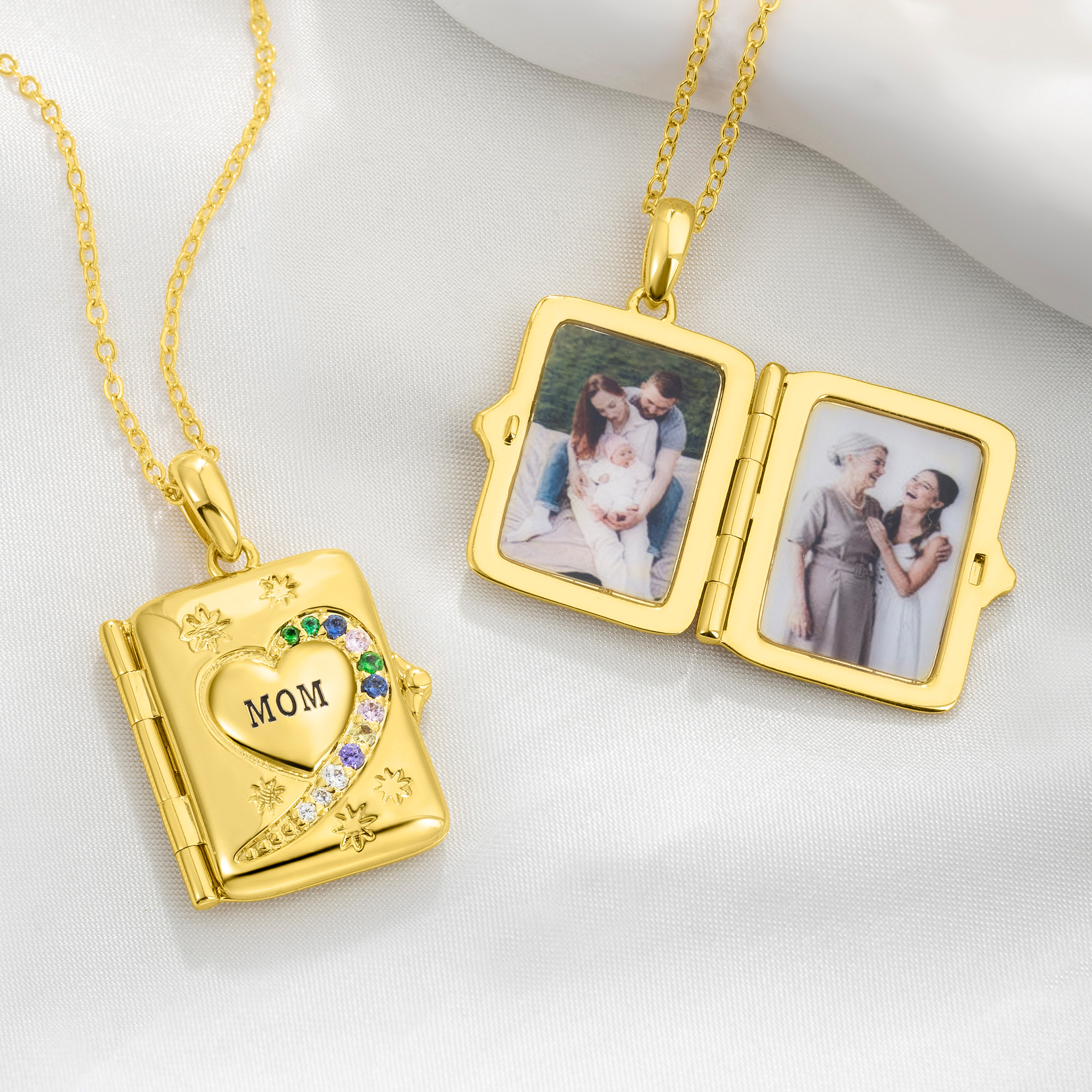 Personalisierte Foto-Medaillon-Halskette in Buchform mit Geburtssteinen für 3–12 Jahre, mit Namen, zum Geburtstag, für den Alltag oder zum Jahrestag – Geschenk für Mama, Oma oder Frauen