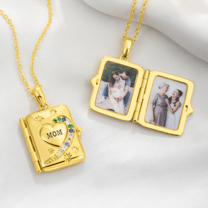 Personalised 3-12 Birthstones Book Shaped Photo Locket Necklace with Name Birthday Daily Wear Anniversary Gift for Mum Gran Woman