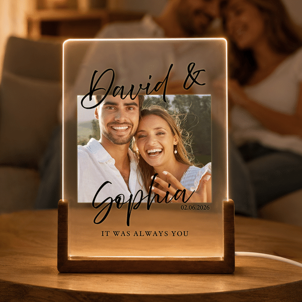 Personalized Couple Photo Acrylic LED Night Light with Name and Wooden Base Home Decor Wedding Anniversary Birthday Gift for Couple Newlyweds