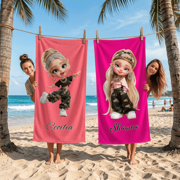 Personalised Y2K Fashion Cartoon Girl Quick Dry Striped Beach Towel with Name Travel Essential Summer Vacation Birthday Gift for Her