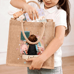 Personalized Rainbow Blackboard Cartoon Character Back View Jute Tote Bag with Name Daily Use Back to School Gift for Girls Boys