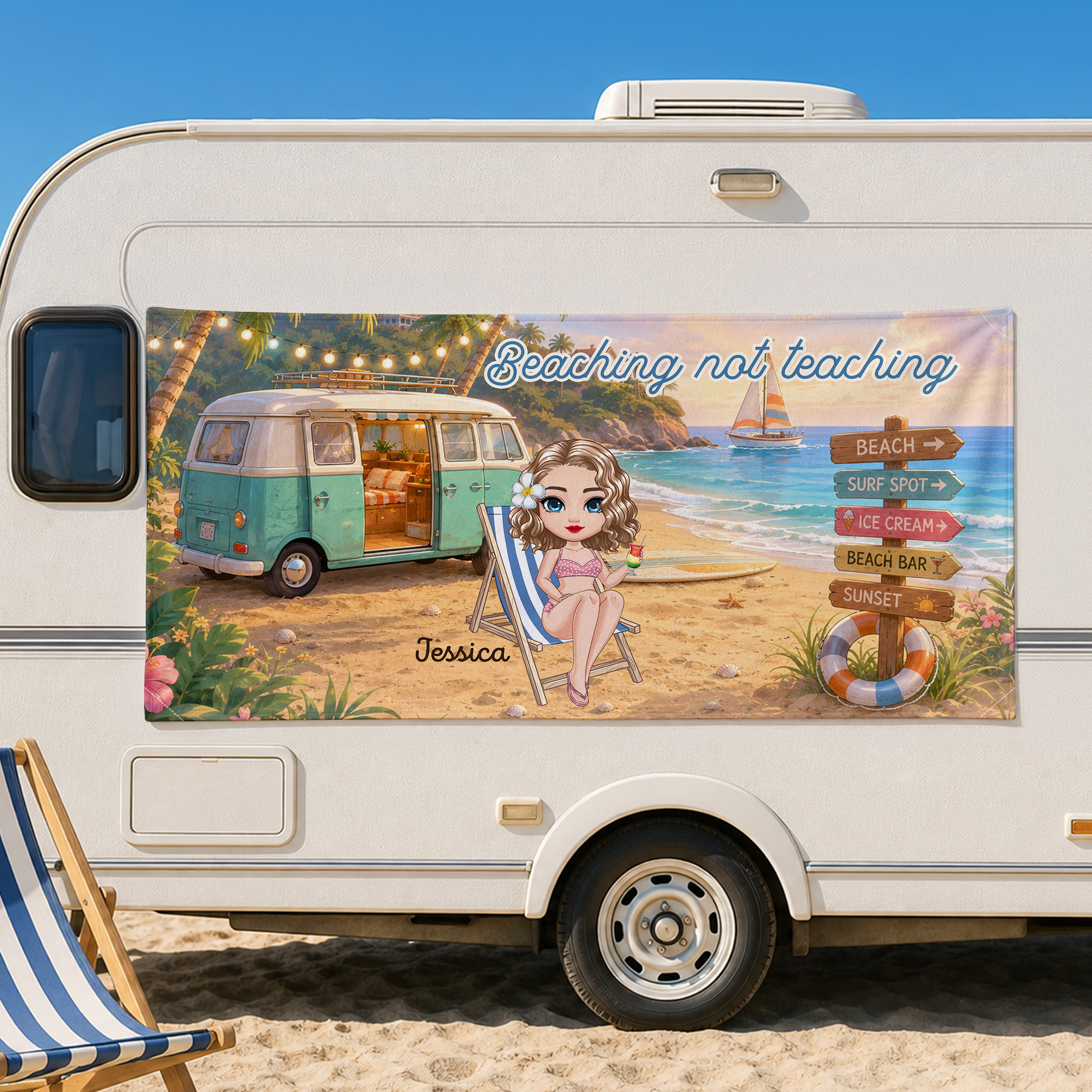 Individuell gestaltetes, übergroßes, schnell trocknendes Magnet-Strandtuch mit Cartoon-Reisefigur und Namen – als Geschenk für Sommerferien, Strandpartys und Geburtstage für Familie und Freunde