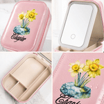 Personalised Birth Flower Birthstone PU Leather Jewellery Box with Name and LED Light Makeup Mirror Birthday Anniversary Gift for Women