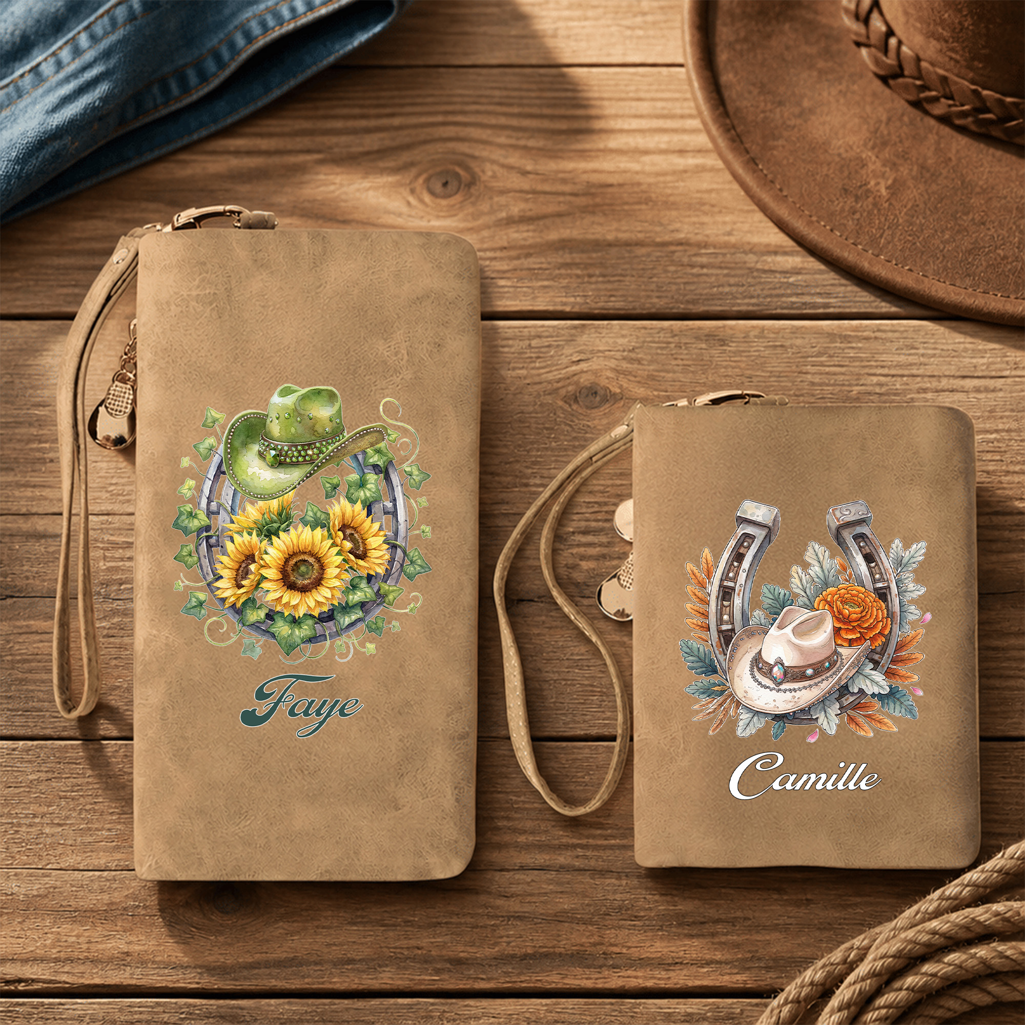 Personalisierte Cowboy-Hut-Hufeisen-Geburtsblume-Dreifach-Brieftasche aus PU-Leder mit Kartenfach und Namensgravur – Geburtstags- und Jubiläumsgeschenk für Cowgirls