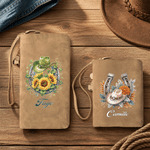 Personalized Cowboy Hat Horseshoe Birth Flower Tri-Fold PU Leather Wristlet Wallet with Card Holder and Name Birthday Anniversary Gift for Cowgirl