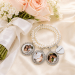 Personalised 3 Photos Pearl Bouquet Charm with Text and Heart Pendant Wedding Party Anniversary Memorial Gift for Women Brides