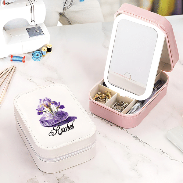 Personalised Birth Flower Birthstone PU Leather Jewellery Box with Name and LED Light Makeup Mirror Birthday Anniversary Gift for Women