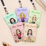 Personalised Birth Flower Cartoon Teacher ID Card Badge Holder with Title & Surname Back to School Teacher's Day Gift for Teachers Educators