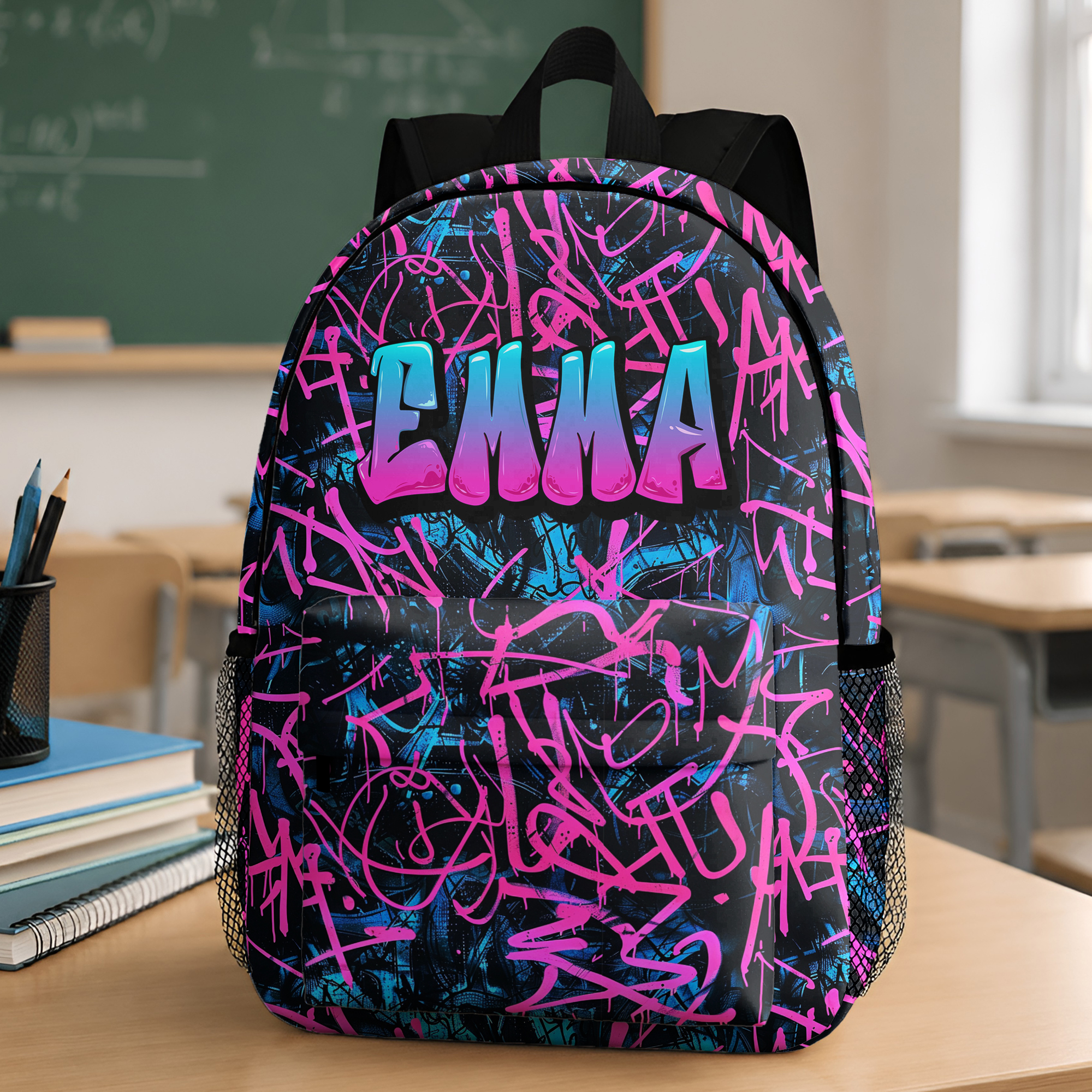 Individuell gestalteter Kinderrucksack im Graffiti-Stil mit großem Fassungsvermögen und Namenszug – das perfekte Geschenk zum Schulanfang, für Outdoor-Aktivitäten und Reisen für Schüler und Kinder
