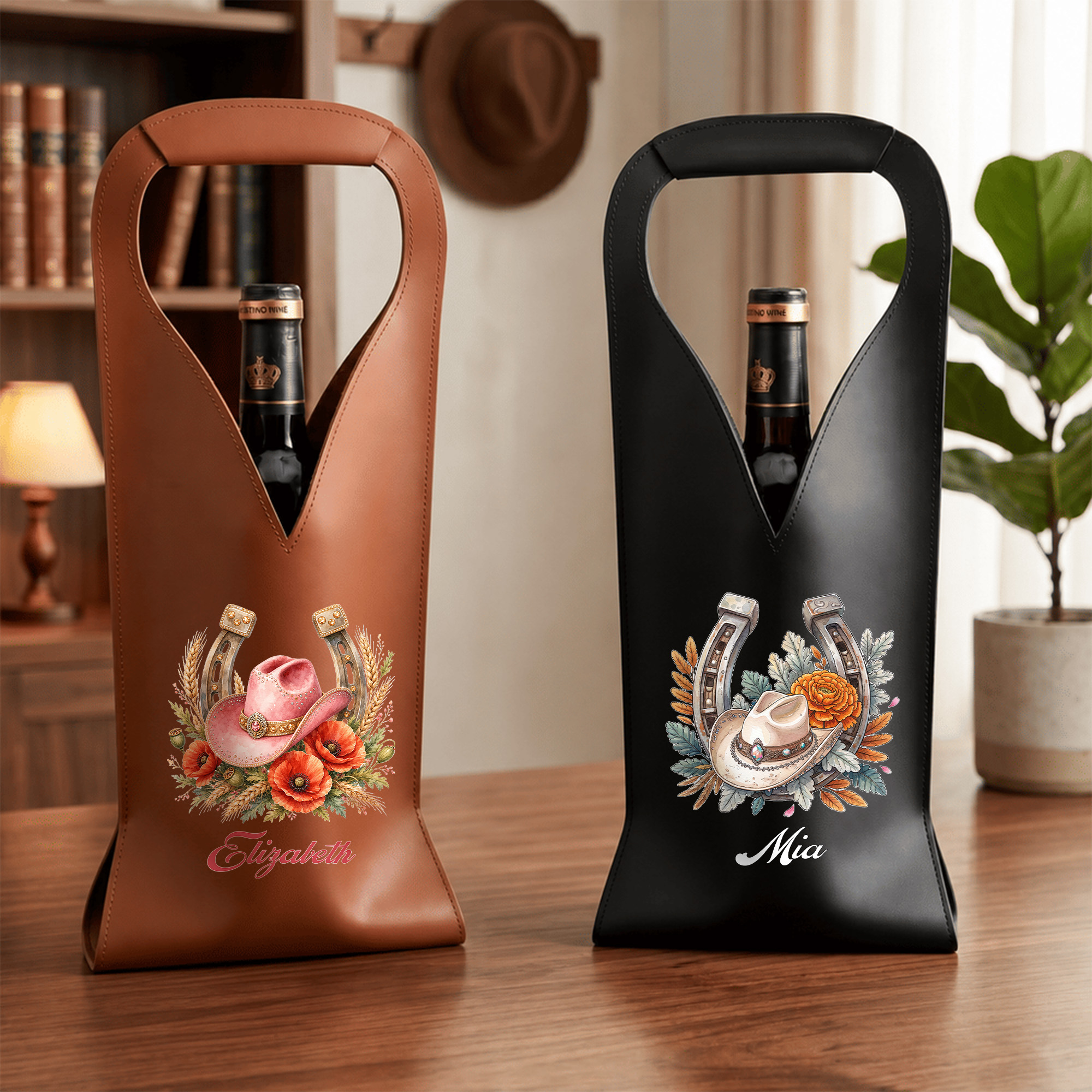 Personalisierte Cowboy-Hut-Weintasche aus PU-Leder mit Hufeisen-Motiv und Geburtsblume – mit Namenszug – Geschenk für Weinliebhaber zu Geburtstagen, Hochzeiten und Jubiläen