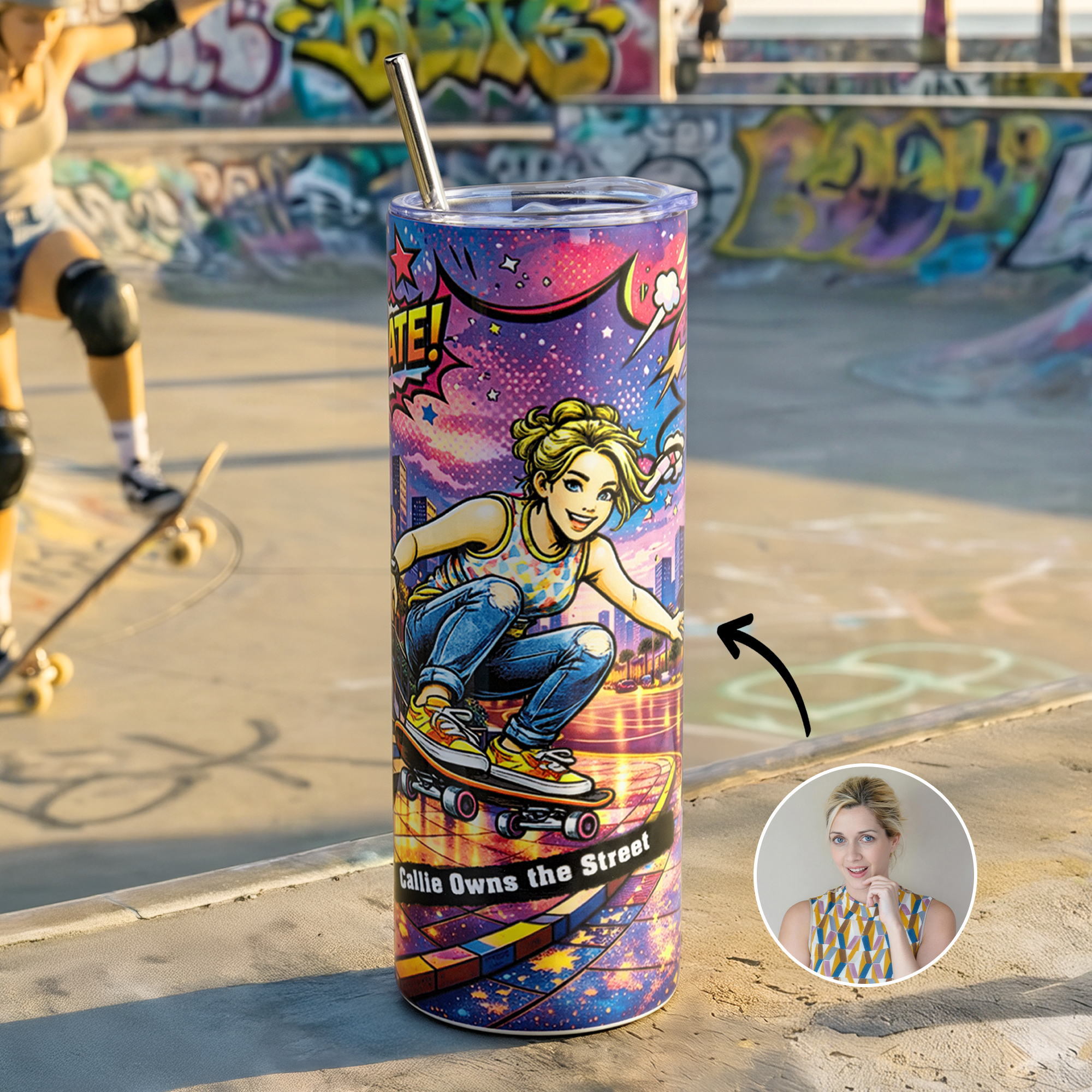 Personalisierter 20-oz-Skinny-Becher mit Skateboarder-Motiv, Namen, Trinkhalm und Reinigungsbürste – Alltagsgeschenk zum Geburtstag für Kinder, die Skateboard fahren