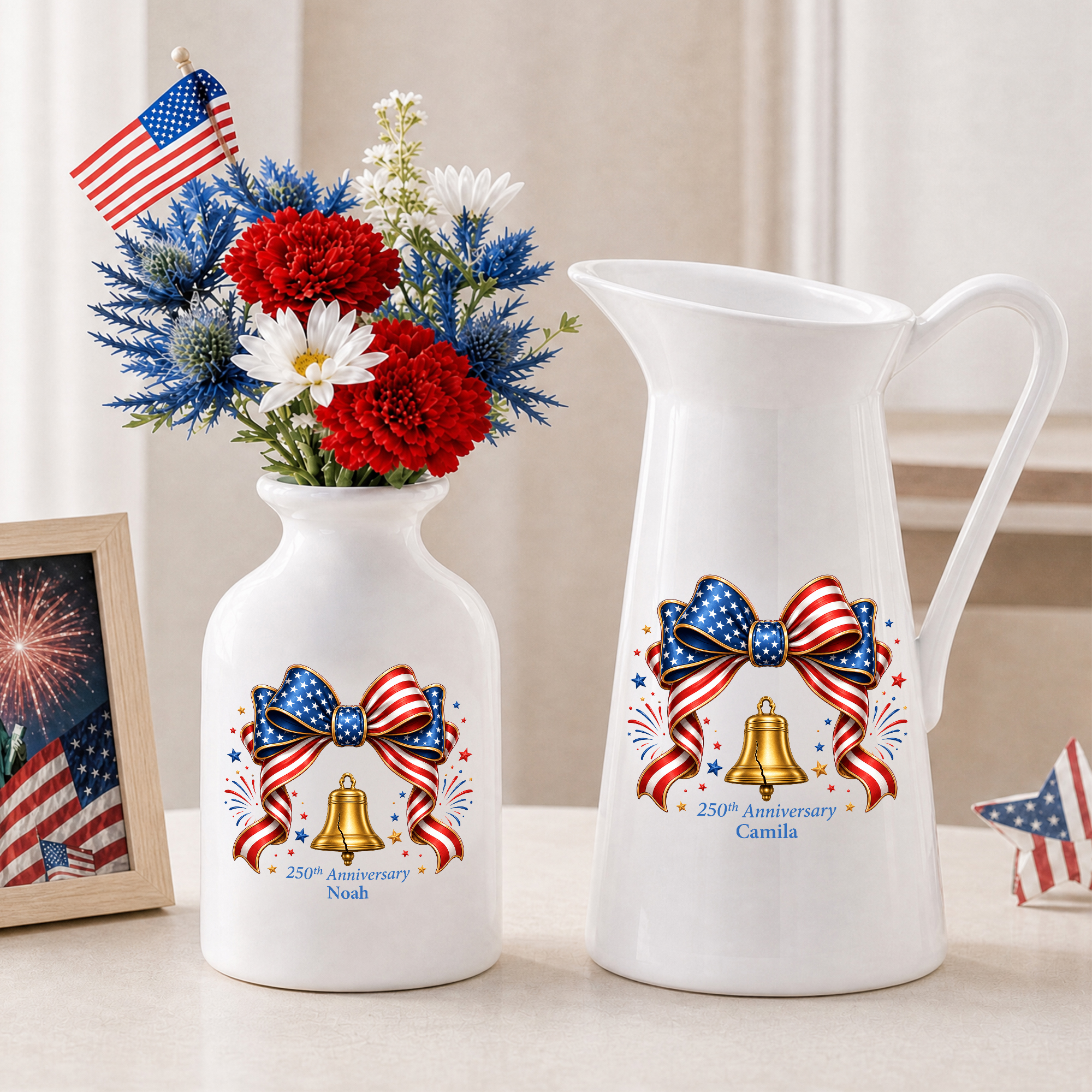Personalised American Flag Bow Bell 250th Anniversary Ceramic Flower Vase with Name Independence Day Anniversary Gift for Family Friends