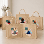 Personalized Rainbow Blackboard Cartoon Character Back View Jute Tote Bag with Name Daily Use Back to School Gift for Girls Boys