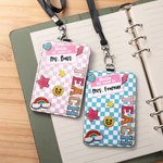 Personalized Smile Rainbow Checkerboard Pattern PU Leather ID Card Badge Holder with Badge Reel and Text Teacher's Day Back to School Gift for Teacher