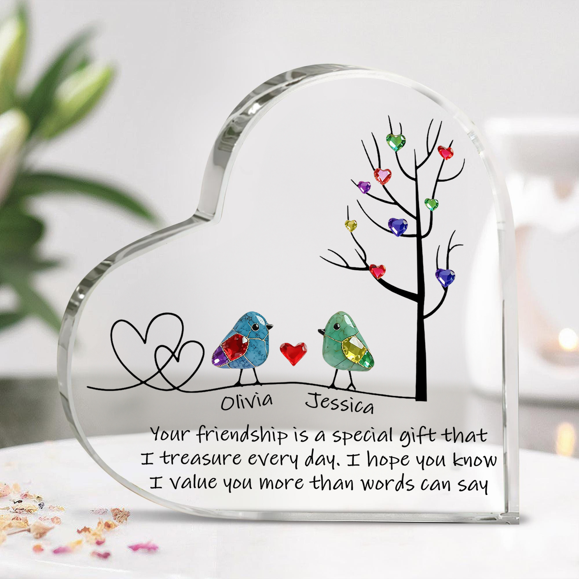 Personalisierte Acrylplakette in Herzform mit Namen, inspiriert von Seeglas und Vögeln, „Baum des Lebens“ – Schreibtischdekoration, Geburtstagsgeschenk für Schwestern, Freundinnen und beste Freundinne