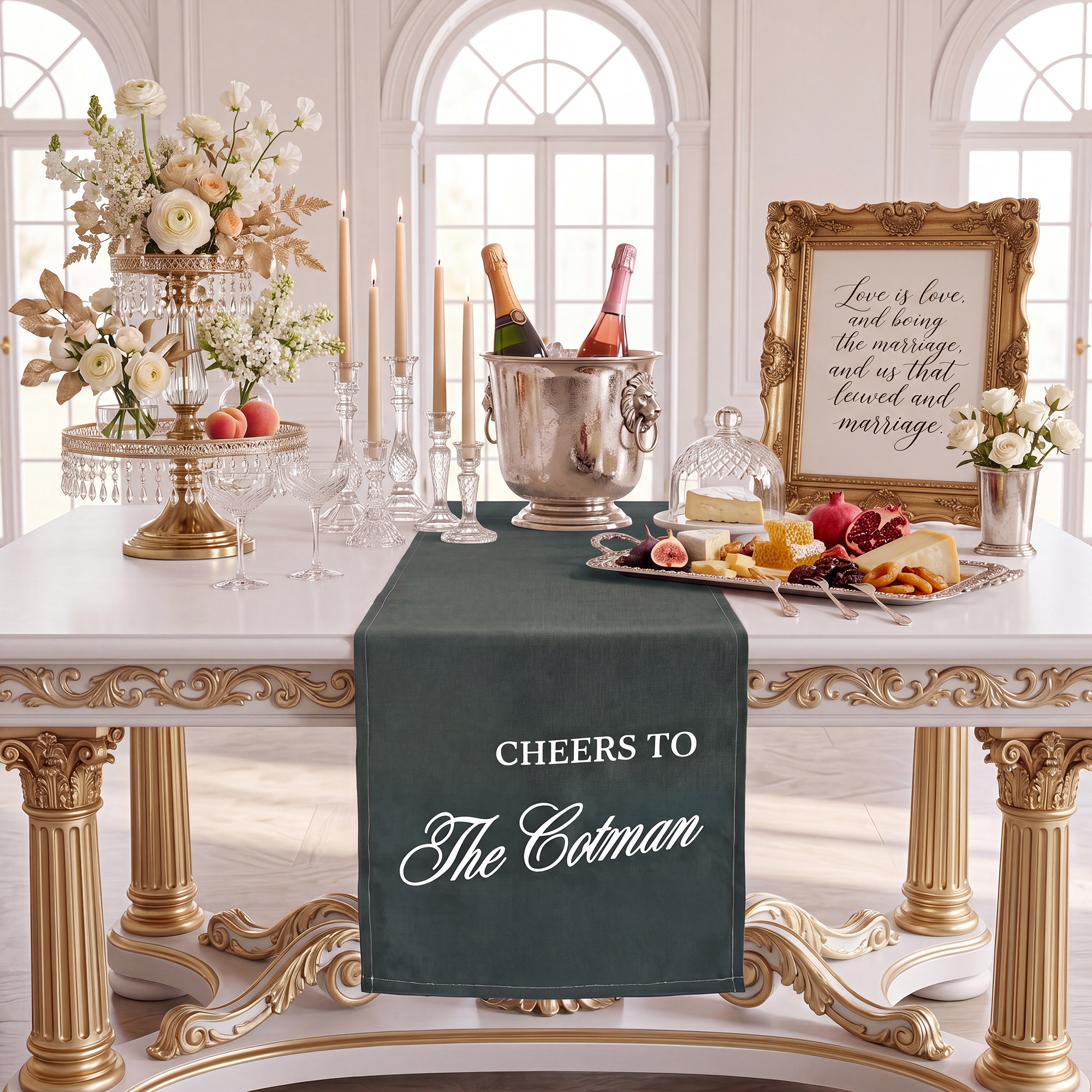 Personalisierter Tischläufer mit „Cheers“ und Nachnamen – Wohnaccessoire und Geschenk für die Hochzeitsfeier für das Brautpaar
