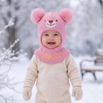 Personalized Cute Bear Ear Soft Knit Baby Mask Beanie Hat with Name Daily Wear Outdoor Activities Birthday Gift for Kids