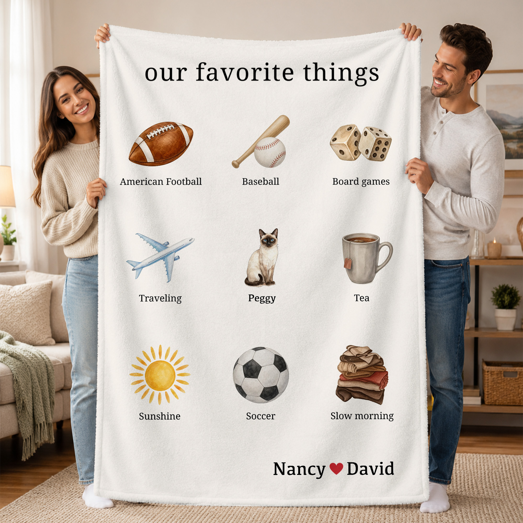 Individuell gestaltete, handgezeichnete Fotodecke mit Lieblingsmotiven, Namen und Text – Wohnaccessoire für den täglichen Gebrauch, Geburtstagsgeschenk für die Familie und Tierfreunde
