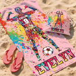 Personlig, överdimensionerad snabbtorkande strandhandduk med akvarellmålning av en fotbollssilhuett, med namn och nummer – perfekt för vardagsbruk, strandfester och som födelsedagspresent till sportäl