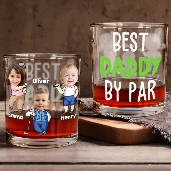 Personalised Best Daddy By Par Golf Photo Character 10 oz Whisky Glass with Name and Title Father's Day Golf Weekend Gift for Man Golf Lover