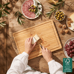 Tabla de cortar para embutidos de bambú con certificación FSC, con diseño fotográfico personalizado en estilo «line art», texto y ranura para el jugo; regalo de boda para la pareja y la familia