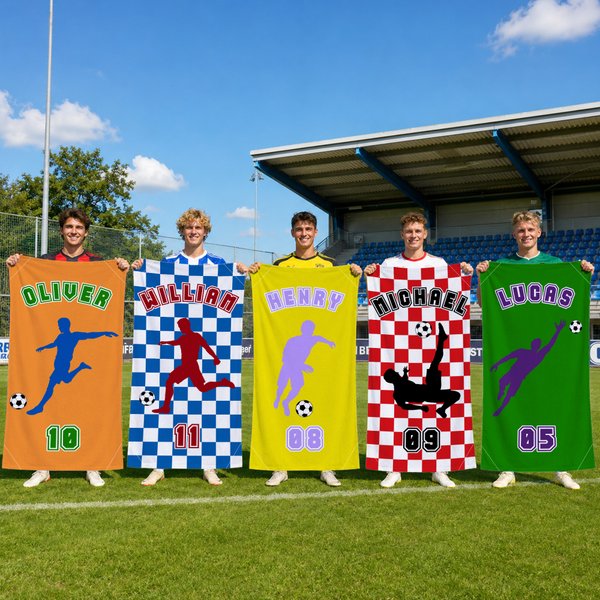Personalized Multicolor Soccer Silhouette Oversized Quick Dry Magnetic Beach Towel with Name Summer Vacation Birthday Gift for Friends Soccer Lovers
