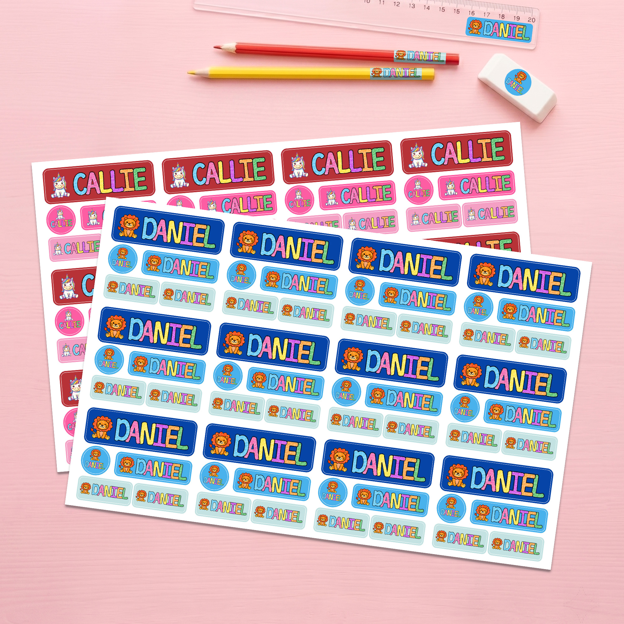 Individuell gestaltete, wasserfeste Aufkleber im Buntstift-Stil mit Namen – für den täglichen Gebrauch, als Geschenk zum Schulanfang für Kinder, Schüler und Eltern