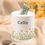 Personalised Birth Flower Ceramic Money Box Piggy Bank with Name Birthday Gift for Boys Girls