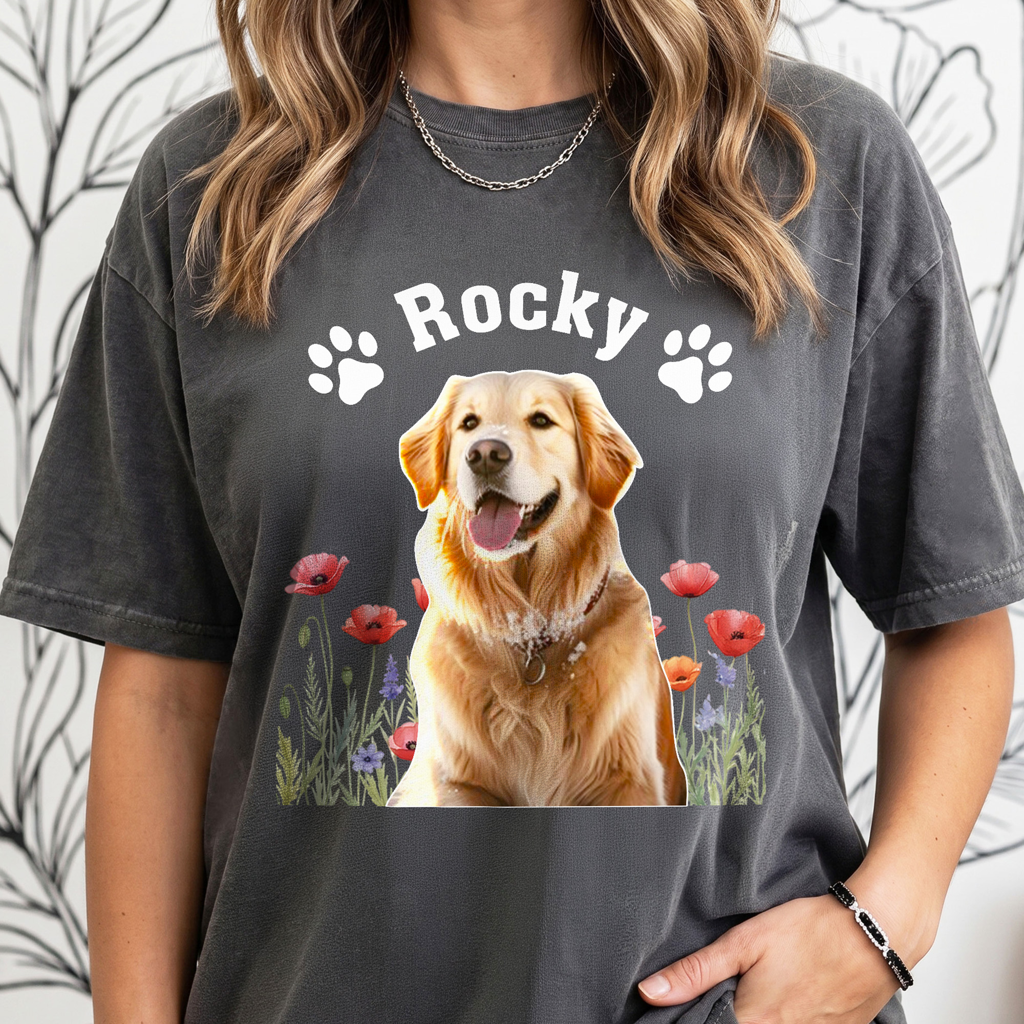 Personalised Birth Flower Paw Prints Multicolour T-shirt Sweatshirt with Pet Photo and Name Daily Wear Birthday Anniversary Gift Pet Lovers