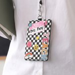 Personalized Smile Rainbow Checkerboard Pattern PU Leather ID Card Badge Holder with Badge Reel and Text Teacher's Day Back to School Gift for Teacher