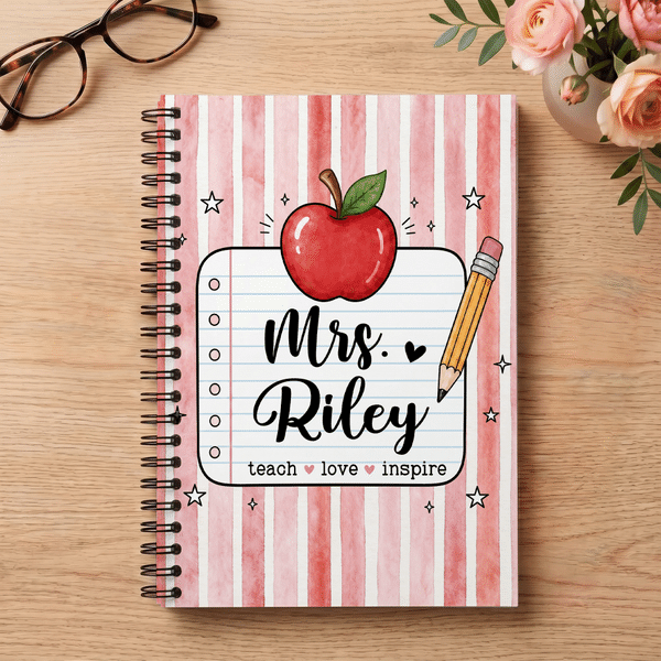 Personalized Teach Love Inspire Apple Pencil A5 Spiral Journal Notebook with Title and Surname Birthday Teacher's Day Gift for Teacher