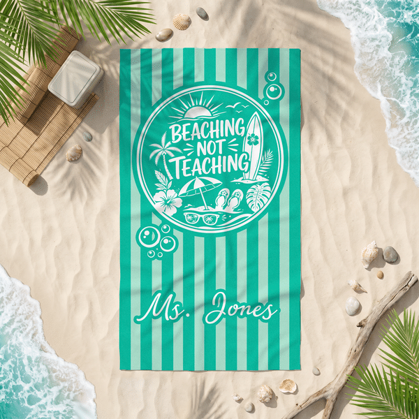Personalised Beaching Not Teaching Multicolour Stripe Quick Dry Beach Towel with Surname Summer Vacation Teachers' Day Birthday Gift for Her