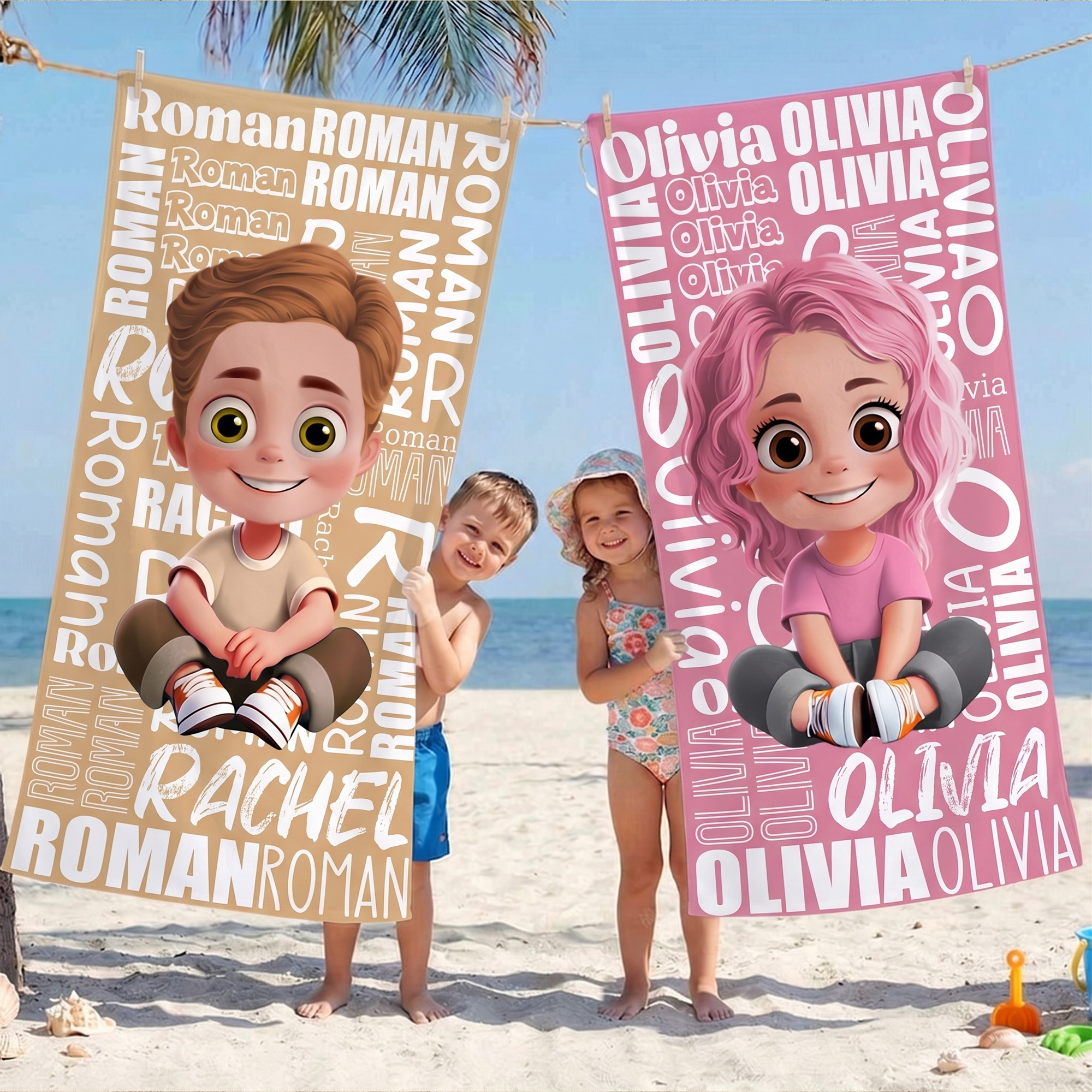 Übergroßes, schnell trocknendes Strandtuch mit personalisiertem Cartoon-Charakter-Namen – Geschenk für Jungen und Mädchen für den Sommerurlaub oder eine Strandparty
