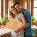Tabla de cortar para embutidos de bambú con certificación FSC, con diseño fotográfico personalizado en estilo «line art», texto y ranura para el jugo; regalo de boda para la pareja y la familia