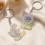 Personalised 3D Sculptured Foil Stamping Birth Flower Iridescent Acrylic Keychain with Name Daily Use Anniversary Birthday Gift for Women Girls