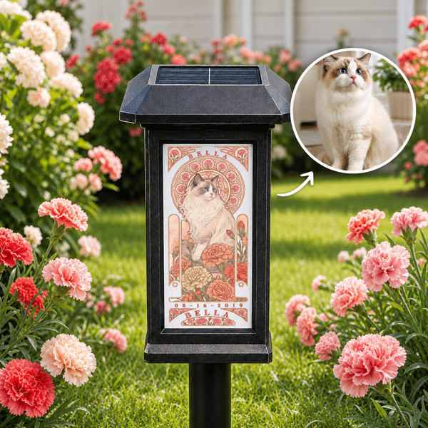 Personalized Mucha Style Birth Flower Pet Photo Solar Garden Light with Name and Date Garden Decor Memorial Sympathy Gift for Family Pet Owner