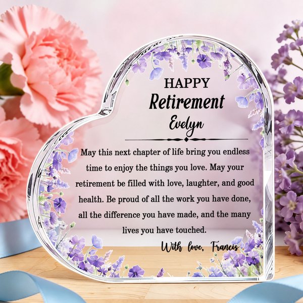 Personalized Watercolour Floral Heart Shaped Acrylic Plaque with Name Desk Decor Retirement Gift for Retired Teacher Coworker Mom Felmale