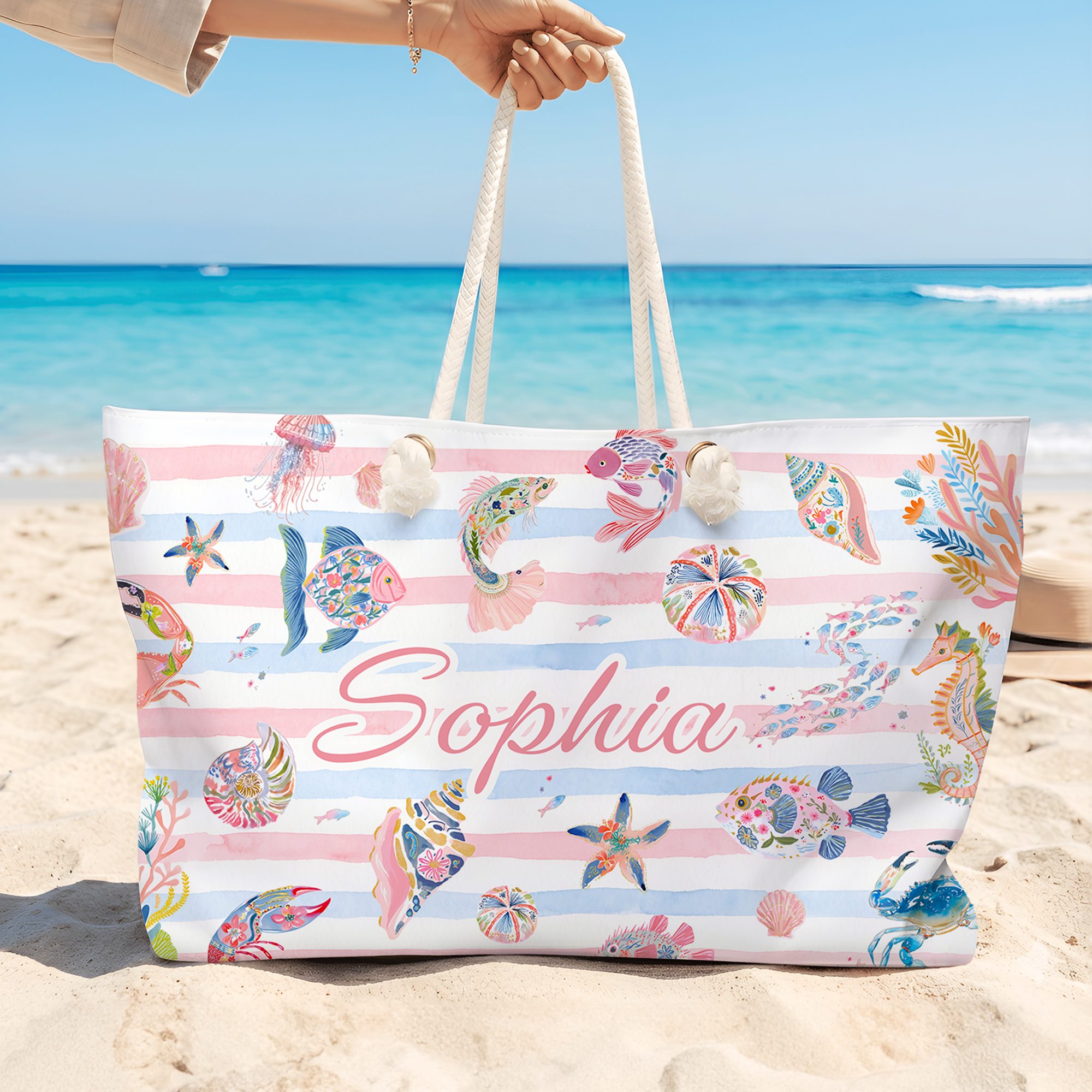 Individuell gestaltete Strandtasche mit Cartoon-Motiven von Meerestieren und Namen – Geschenk für Strandurlaub, Poolparty oder Geburtstag für beste Freundinnen