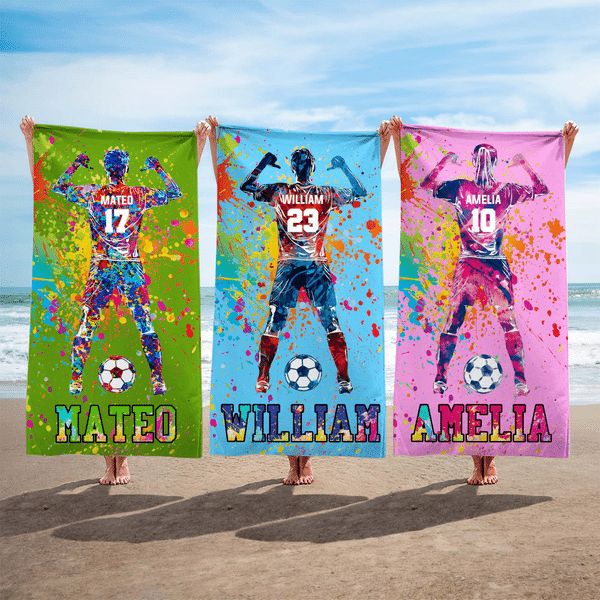 Personalized Watercolour Soccer Silhouette Oversized Quick Dry Beach Towel with Name and Number Daily Use Beach Party Birthday Gift for Sports Lovers