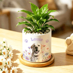 Personalized Birth Flower Pet Photo Paw Print Ceramic Plant Pot with Name and Bamboo Tray Daily Use Birthday Gift for Pet Owner Lover