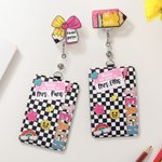 Personalized Smile Rainbow Checkerboard Pattern PU Leather ID Card Badge Holder with Badge Reel and Text Teacher's Day Back to School Gift for Teacher