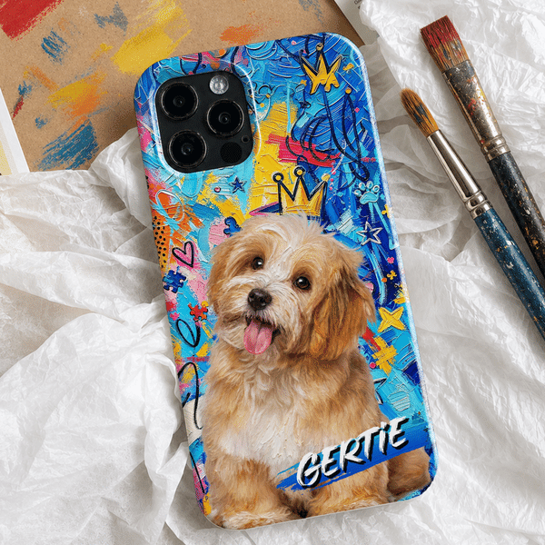 Personalized Graffiti Oil Painting Style Pet Photo Phone Case for iPhone Samsung with Name Daily Use Birthday Gift for Pet Owner Lover