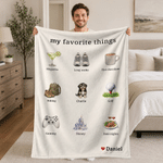 Personalized Favorite Things Hand Drawn Photo Design Soft Throw Blanket with Name and Text Home Decor Daily Use Birthday Gift for Family Pet Lovers