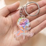 Personalised 3D Sculptured Foil Stamping Birth Flower Iridescent Acrylic Keychain with Name Daily Use Anniversary Birthday Gift for Women Girls