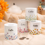 Personalised Birth Flower Ceramic Money Box Piggy Bank with Name Birthday Gift for Boys Girls