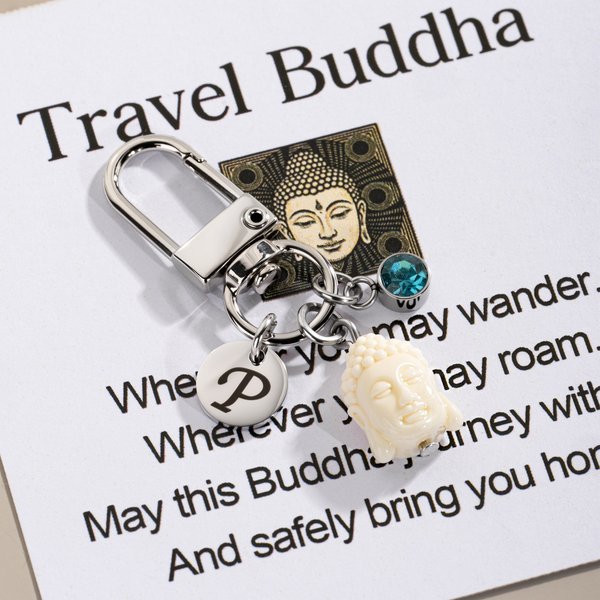 Personalized Travel Buddha Statue Birthstone Keychain with Initial and Card Birthday Gift for Traveller Buddhist Culture Lover