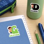 Personalized Cartoon Kid Initial Sticker Label with Name School Supplies Back to School Birthday Gift for Boys Girls