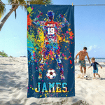 Personlig, överdimensionerad snabbtorkande strandhandduk med akvarellmålning av en fotbollssilhuett, med namn och nummer – perfekt för vardagsbruk, strandfester och som födelsedagspresent till sportäl