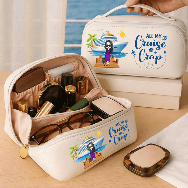 Personalized Cartoon Character PU Leather Portable Makeup Bag with Surname and Text Daily Travel Use Birthday Gift for Travel Lovers Best Friends